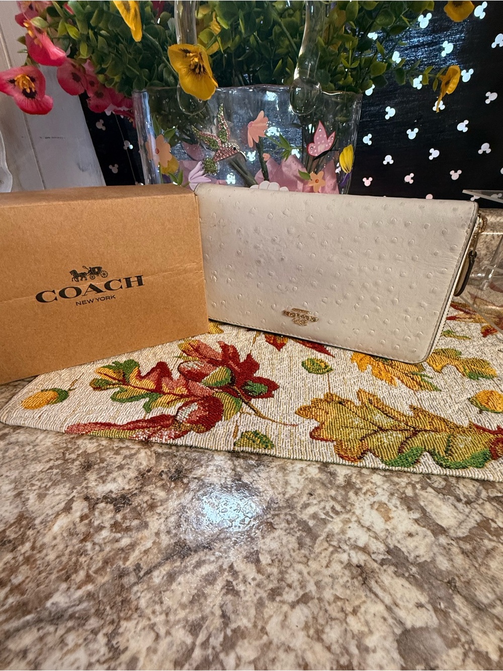Coach White Ostrich-Embossed Leather Zip Card Holder